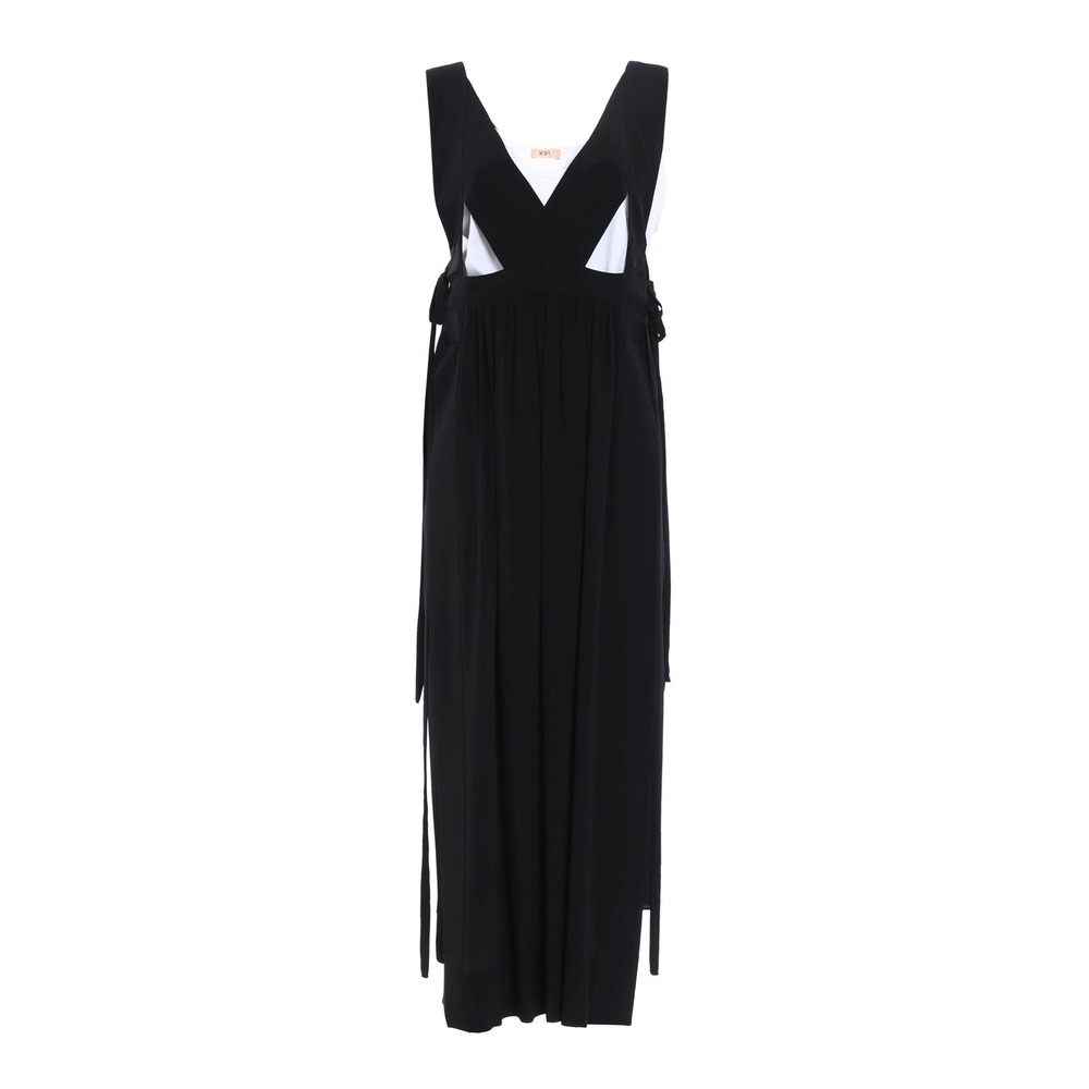 N°21 Black Silk Suspender Dungaree Maxi Dress 42 M Cutout Minimalist Avant Garde